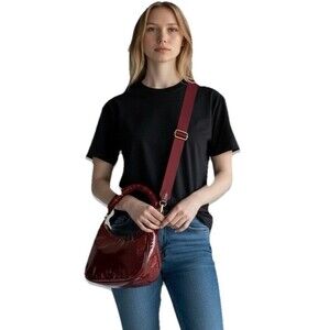 A New Day Shoulder & Crossbody Modern Bag  Zip Up Oxblood Glossy Nylon Gold New